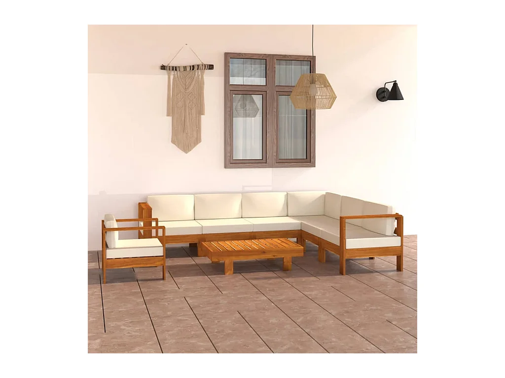 Salon de jardin 8 pièces avec coussins blanc crème Bois d'acacia