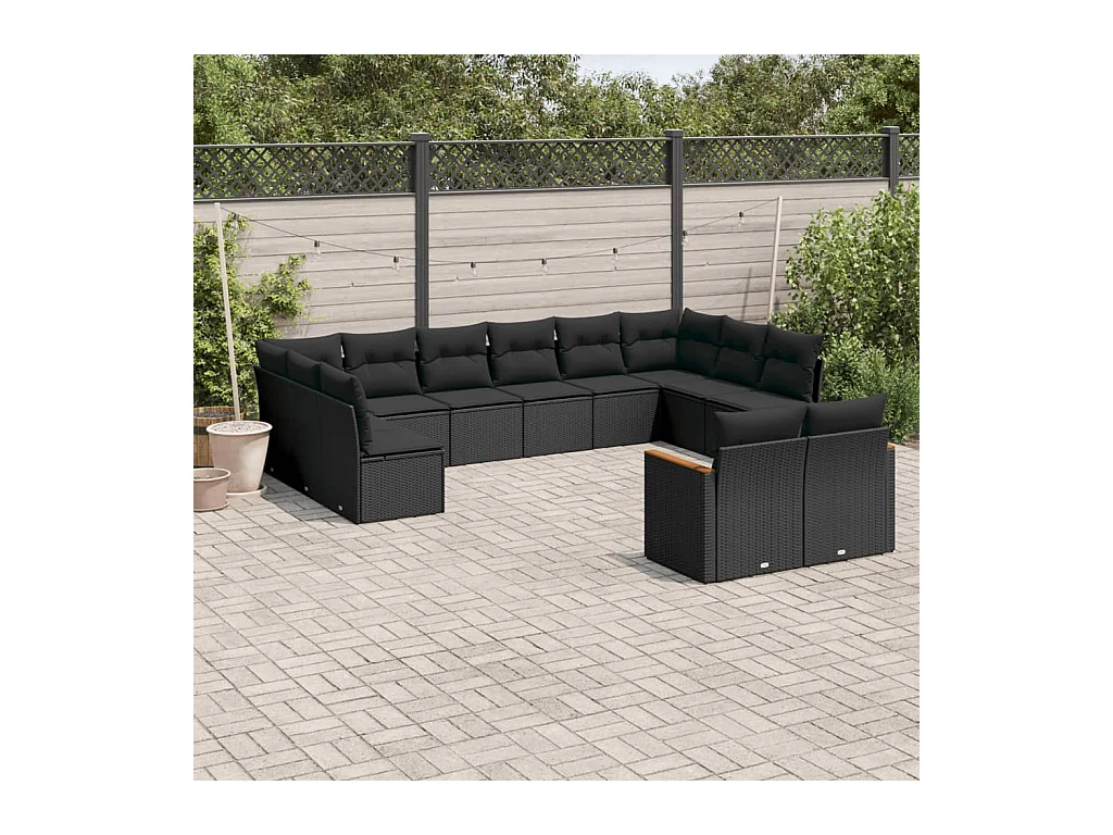 Salon de jardin 12 pièces avec coussins noir résine tressée