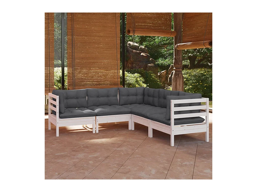 Salon de jardin 5 pièces avec coussins blanc bois de pin solide