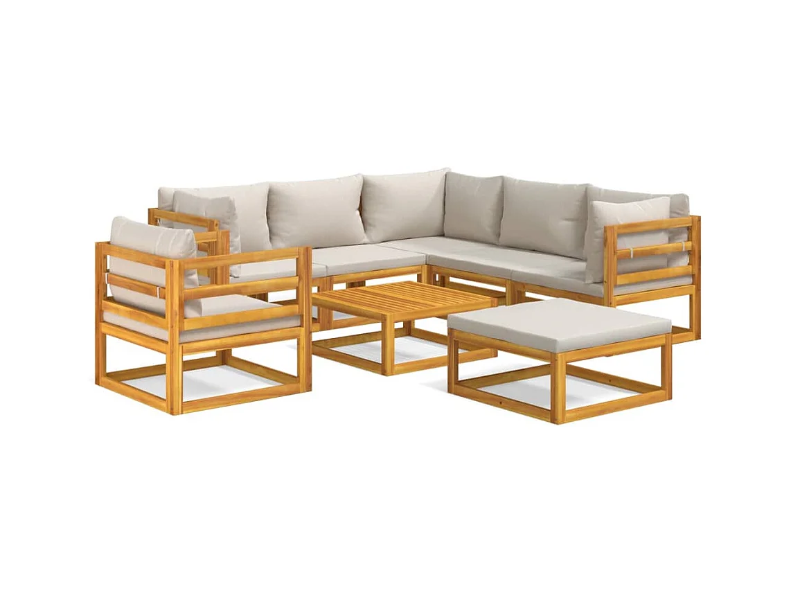 Set muebles de jardín 8 piezas madera maciza y cojines gris claro