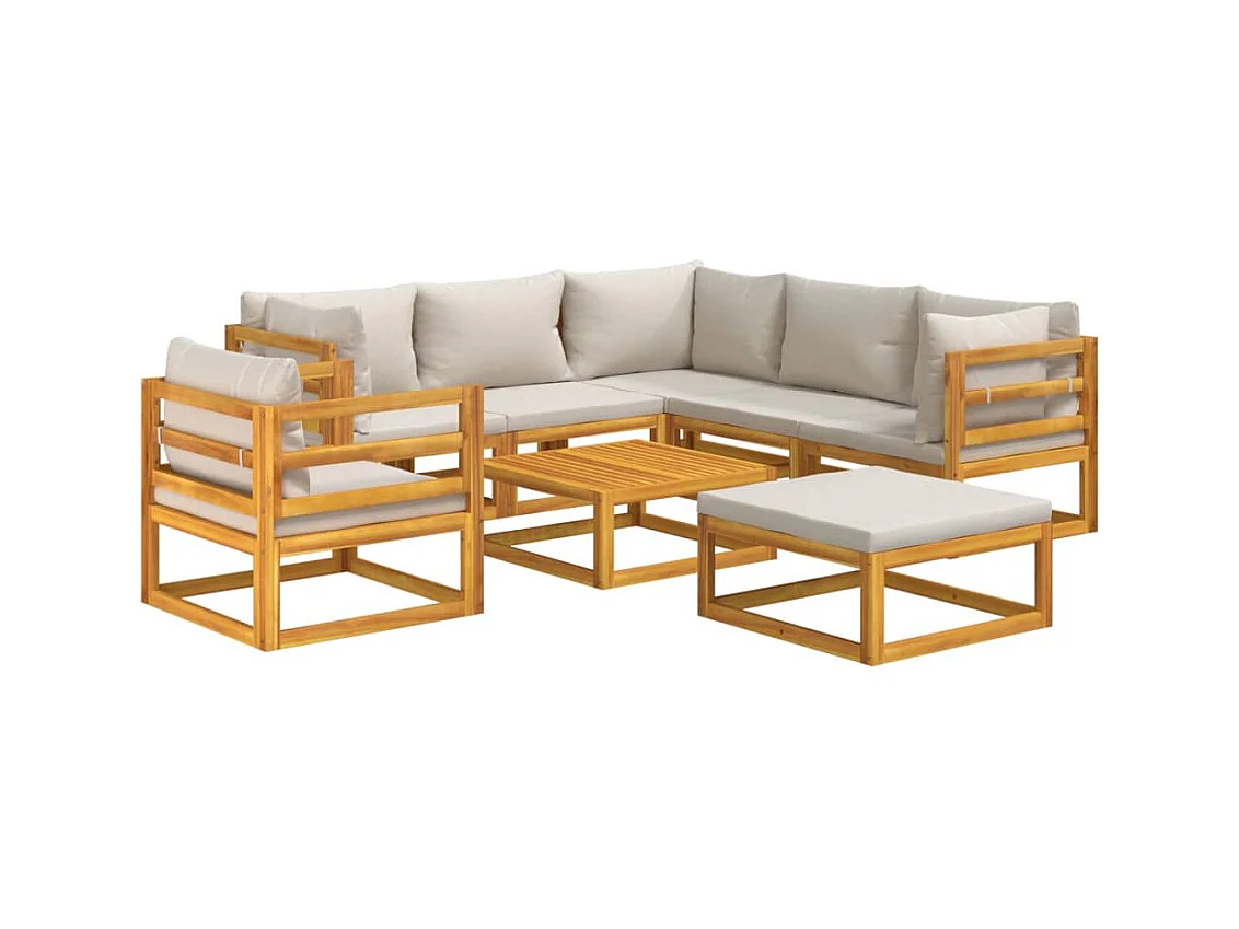 Set muebles de jardín 8 piezas madera maciza y cojines gris claro