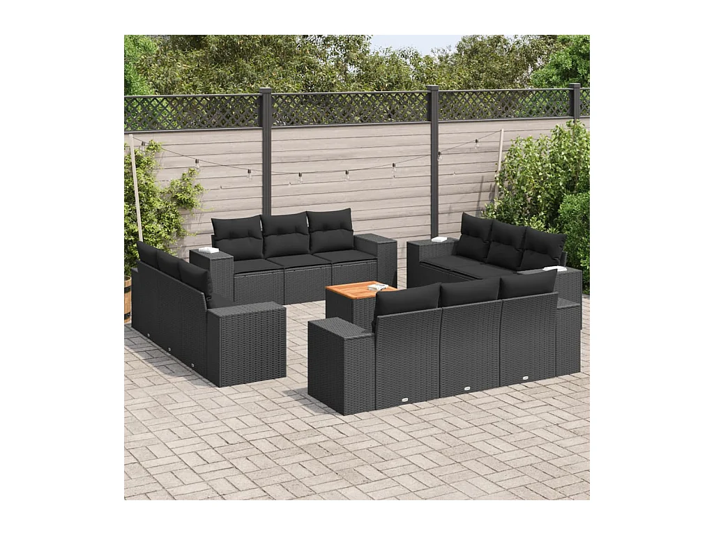 Salon de jardin avec coussins 13 pièces noir résine tressée