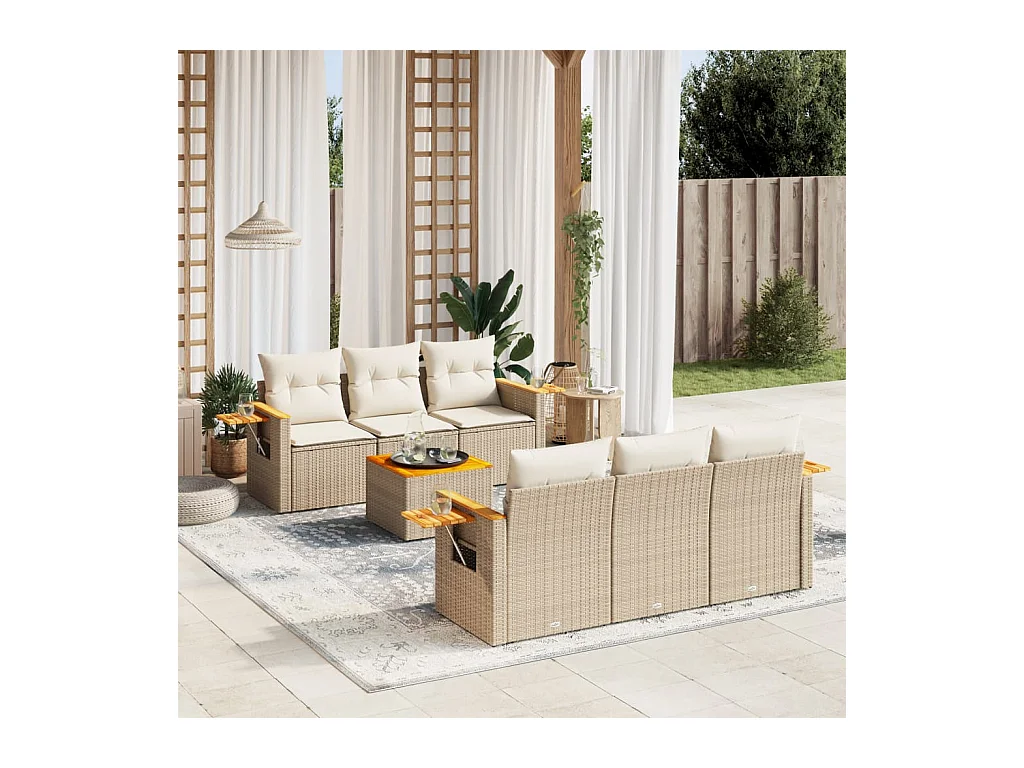 Salon de jardin avec coussins 7 pièces beige résine tressée
