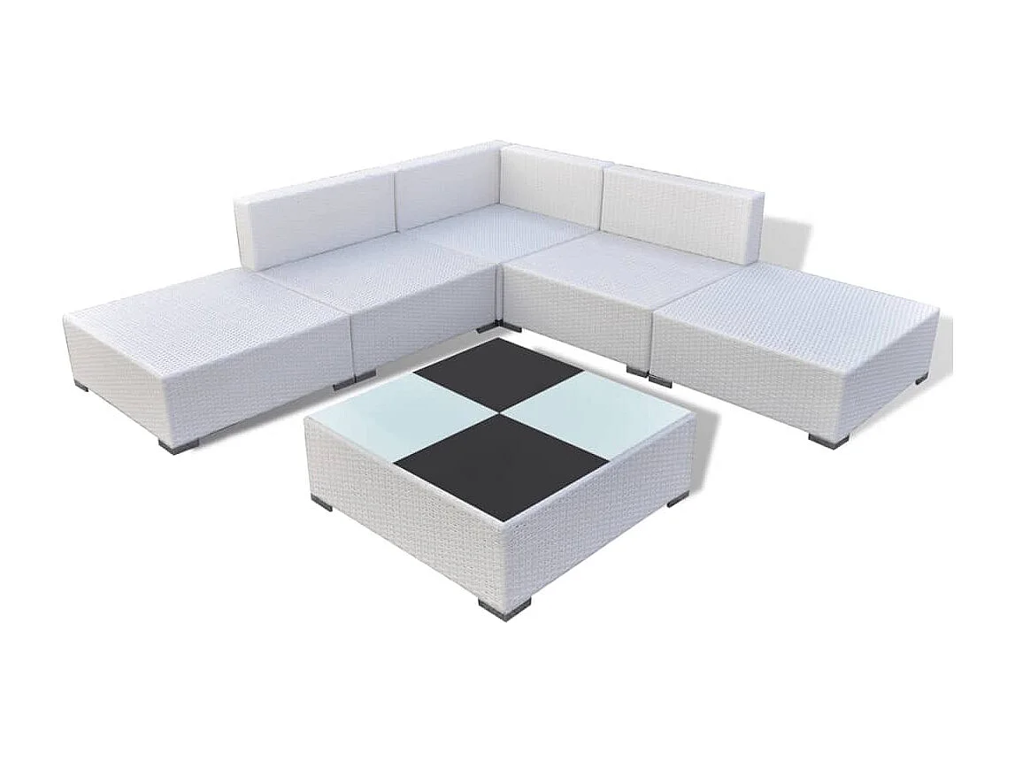 Salon de jardin 6 pièces avec coussins Résine tressée Blanc