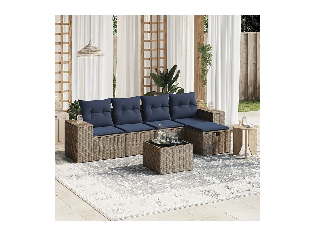 6-delige Loungeset met kussens poly rattan grijs
