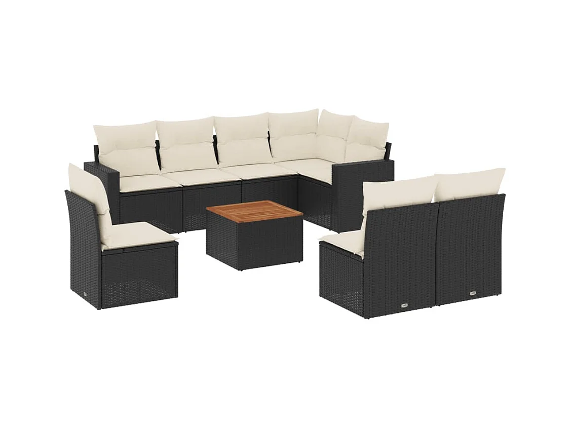 Salon de jardin 9 pièces avec coussins noir résine tressée