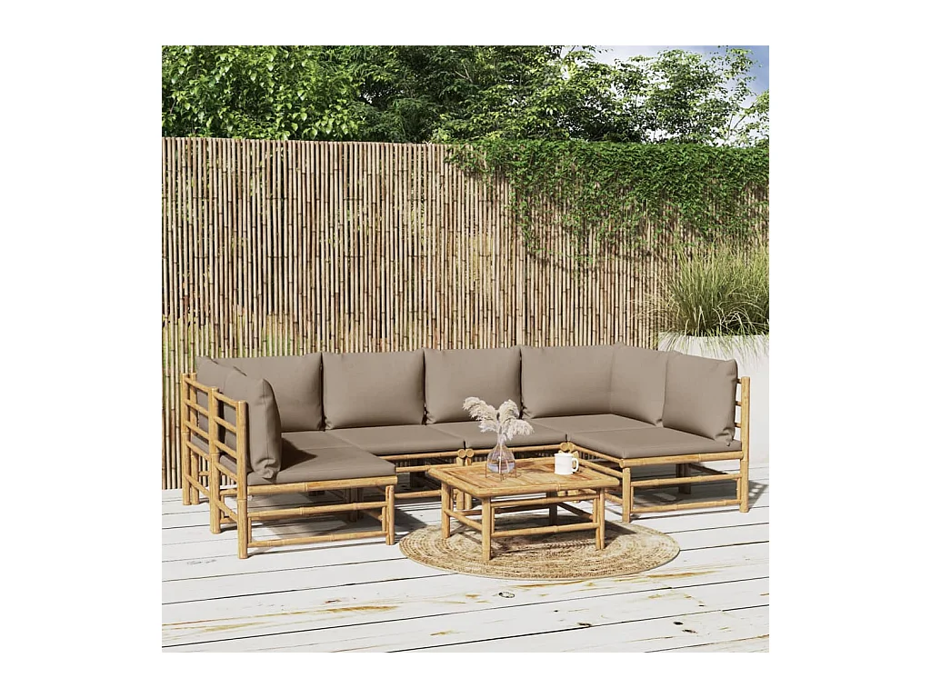 Salon de jardin 7 pièces avec coussins taupe bambou