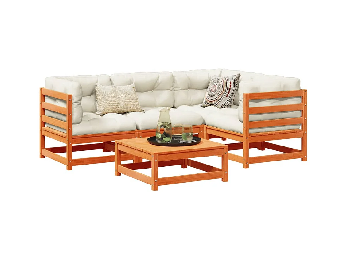 Salon de jardin 5 pièces avec coussins cire marron bois pin massif