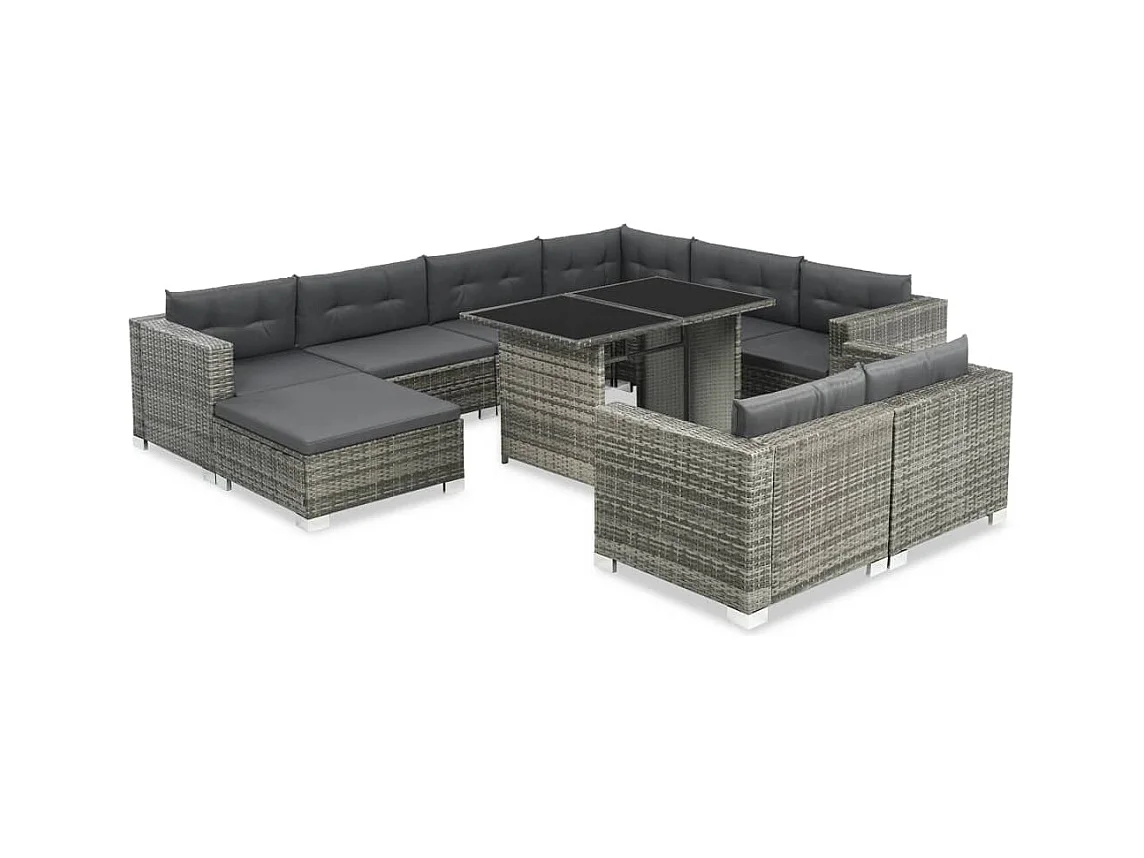 Salon de jardin 10 pièces avec coussins Résine tressée Gris