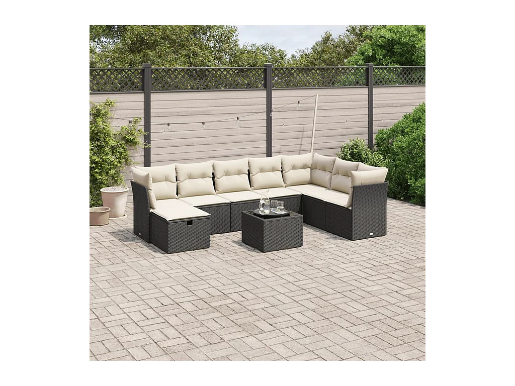 Salon de jardin 9 pièces avec coussins noir résine tressée