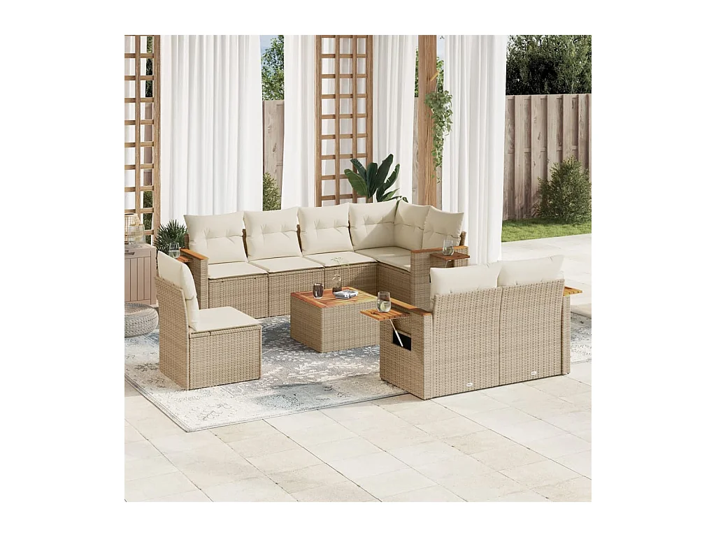 Salon de jardin avec coussins 9 pièces beige résine tressée