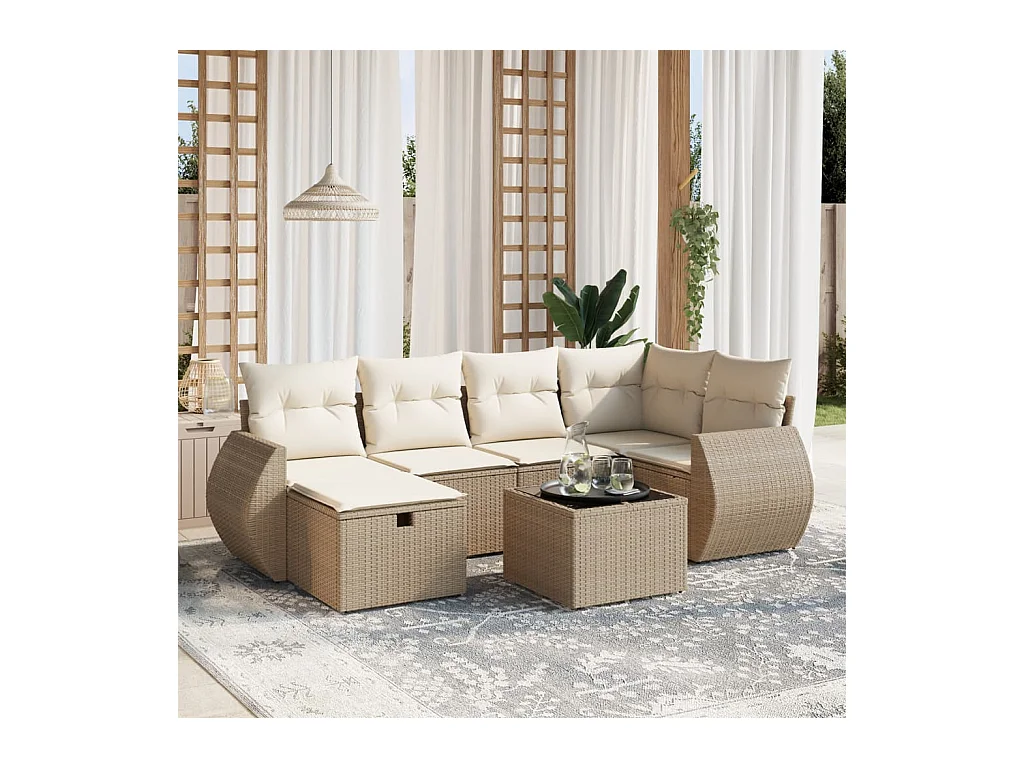 7-delige Loungeset met kussens poly rattan beige
