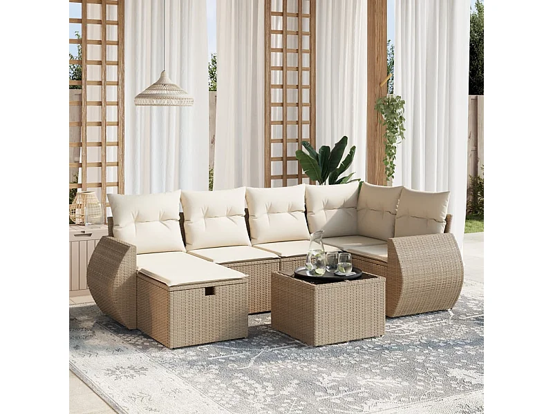 Salon de jardin avec coussins 7 pièces beige résine tressée
