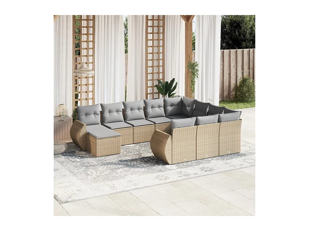 Salon de jardin 11 pièces avec coussins beige résine tressée