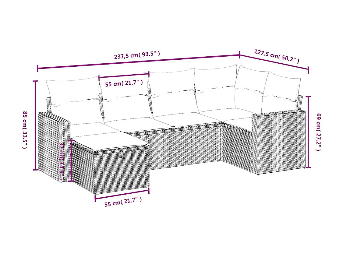 Salon de jardin 6 pièces avec coussins noir résine tressée