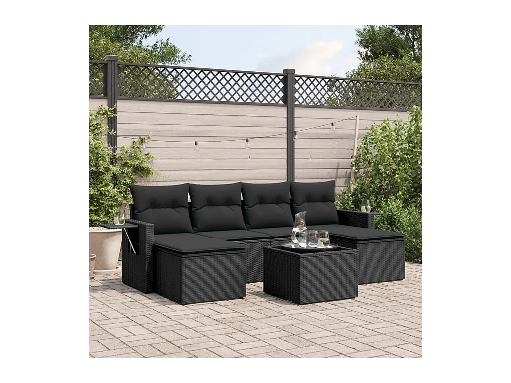 Salon de jardin 7 pièces avec coussins noir résine tressée