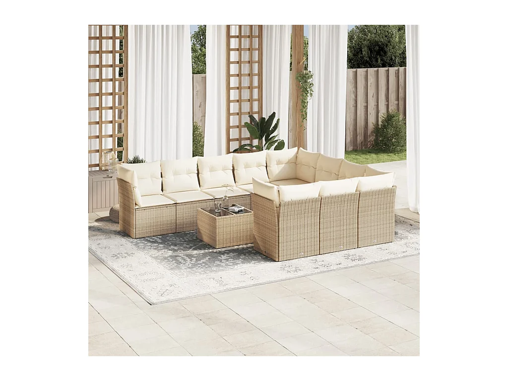 Salon de jardin 11 pièces avec coussins beige résine tressée