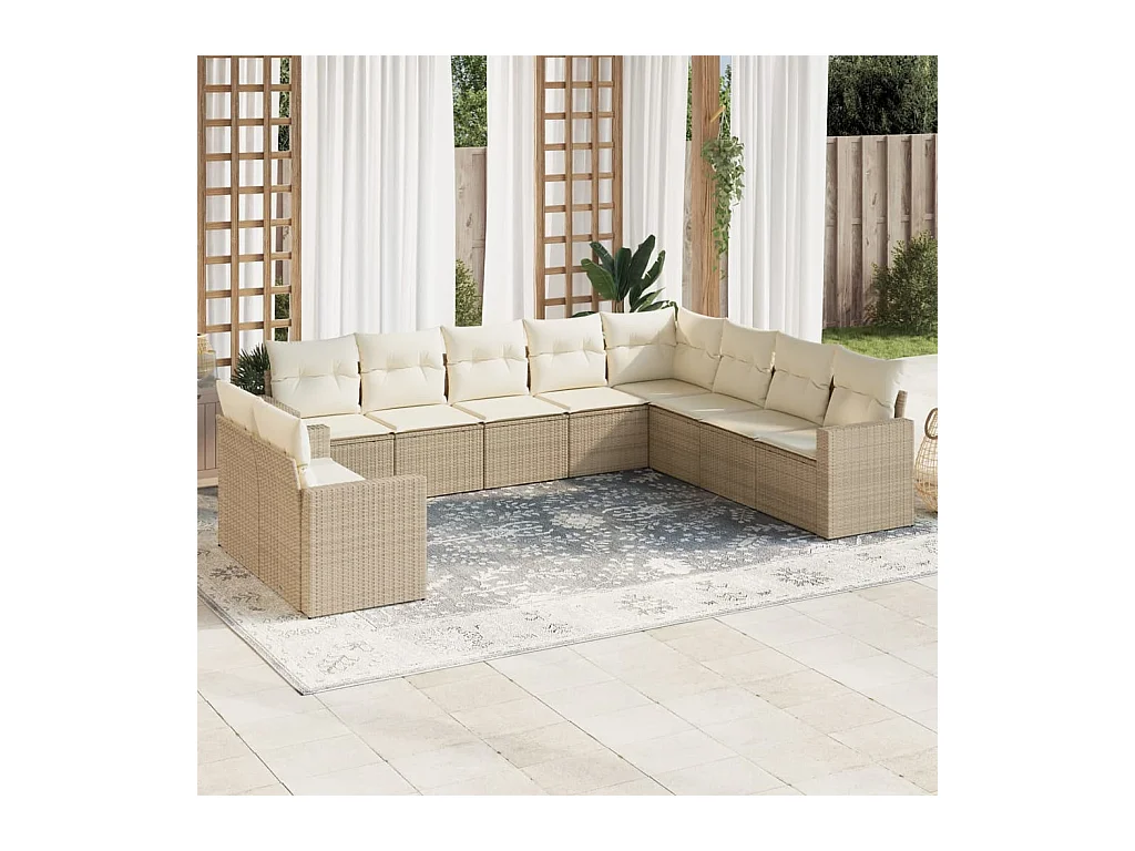 Salon de jardin avec coussins 10 pièces beige résine tressée