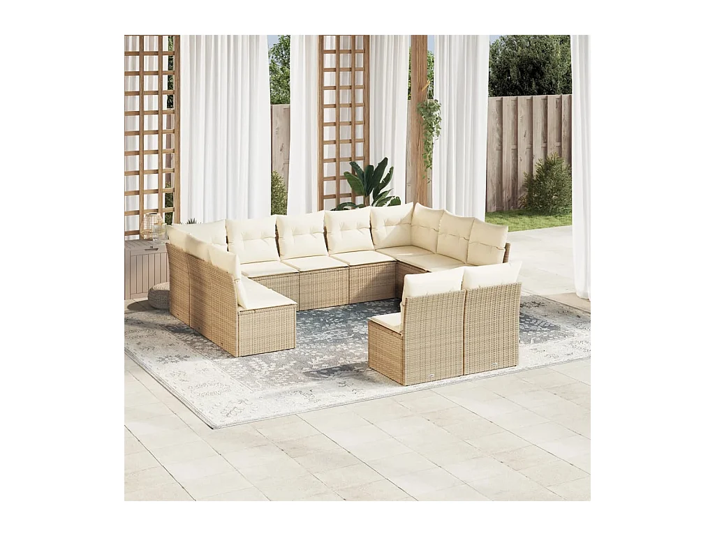 Salon de jardin 11 pièces avec coussins beige résine tressée
