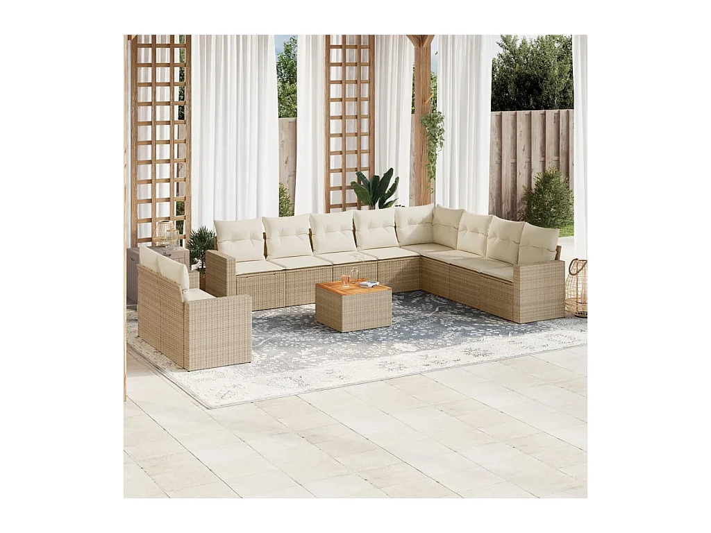 Salon de jardin 11 pièces avec coussins beige résine tressée