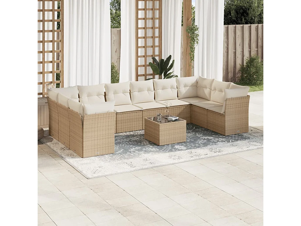 Salon de jardin 11 pièces avec coussins beige résine tressée