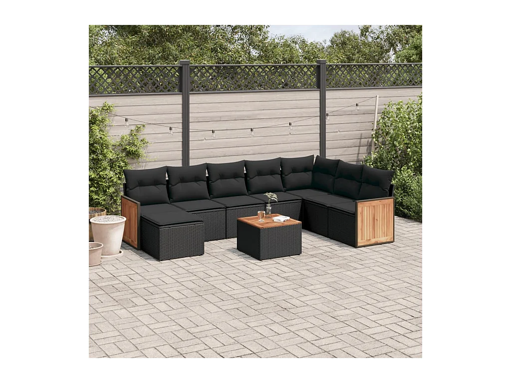 Salon de jardin 9 pièces avec coussins noir résine tressée