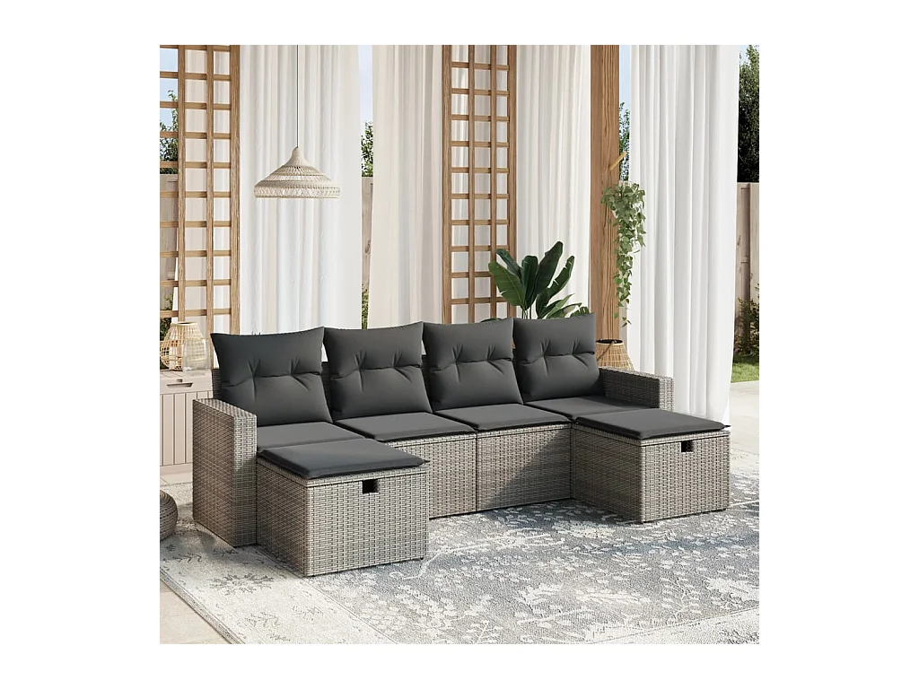 Salon de jardin 6 pièces avec coussins gris résine tressée