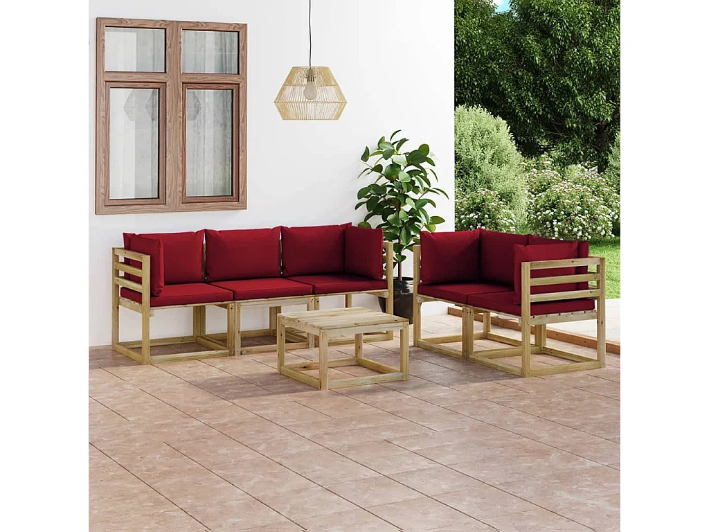 Salon de jardin 6 pièces avec coussins rouge bordeaux