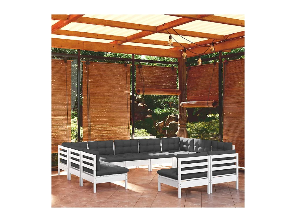 Salon de jardin 11 pièces avec coussins blanc bois de pin solide