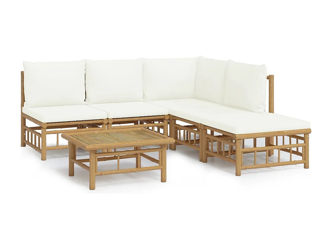 Salon de jardin 6 pièces avec coussins blanc crème bambou