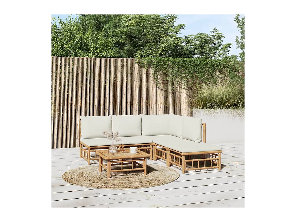 Salon de jardin 6 pièces avec coussins blanc crème bambou