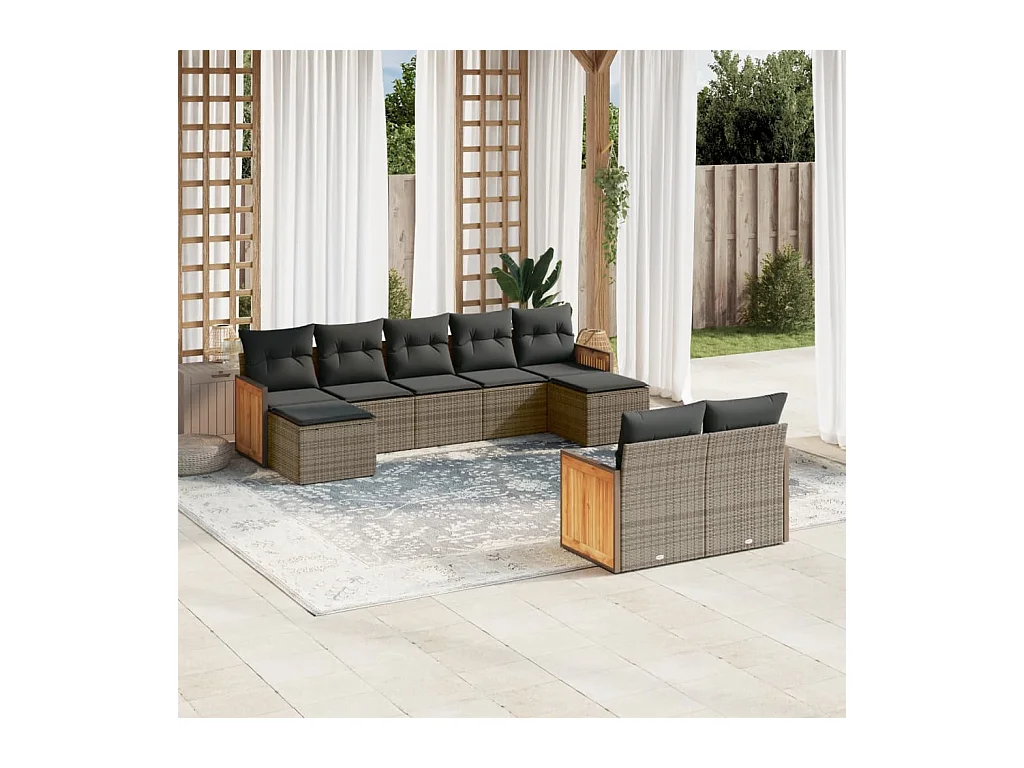 Salon de jardin 9 pièces avec coussins gris résine tressée