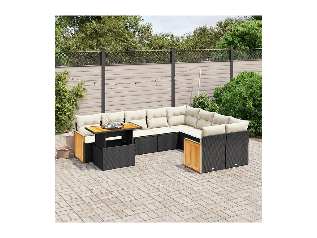 Salon de jardin 10 pièces avec coussins noir résine tressée