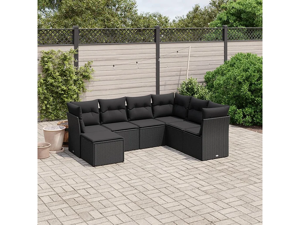 Set de comedor de jardín 7 piezas y cojines ratán sintético negro