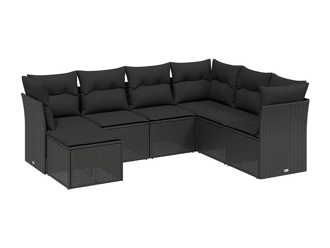 Set de comedor de jardín 7 piezas y cojines ratán sintético negro