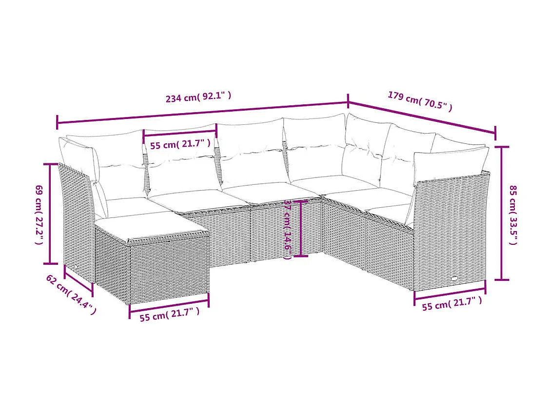 Set de comedor de jardín 7 piezas y cojines ratán sintético negro