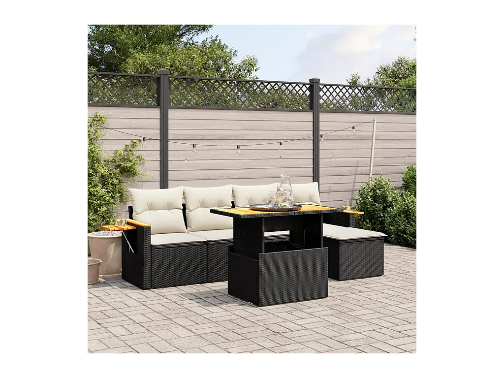 Salon de jardin 6 pièces avec coussins noir résine tressée