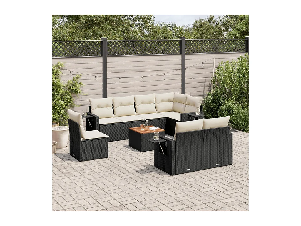 Salon de jardin 9 pièces avec coussins noir résine tressée