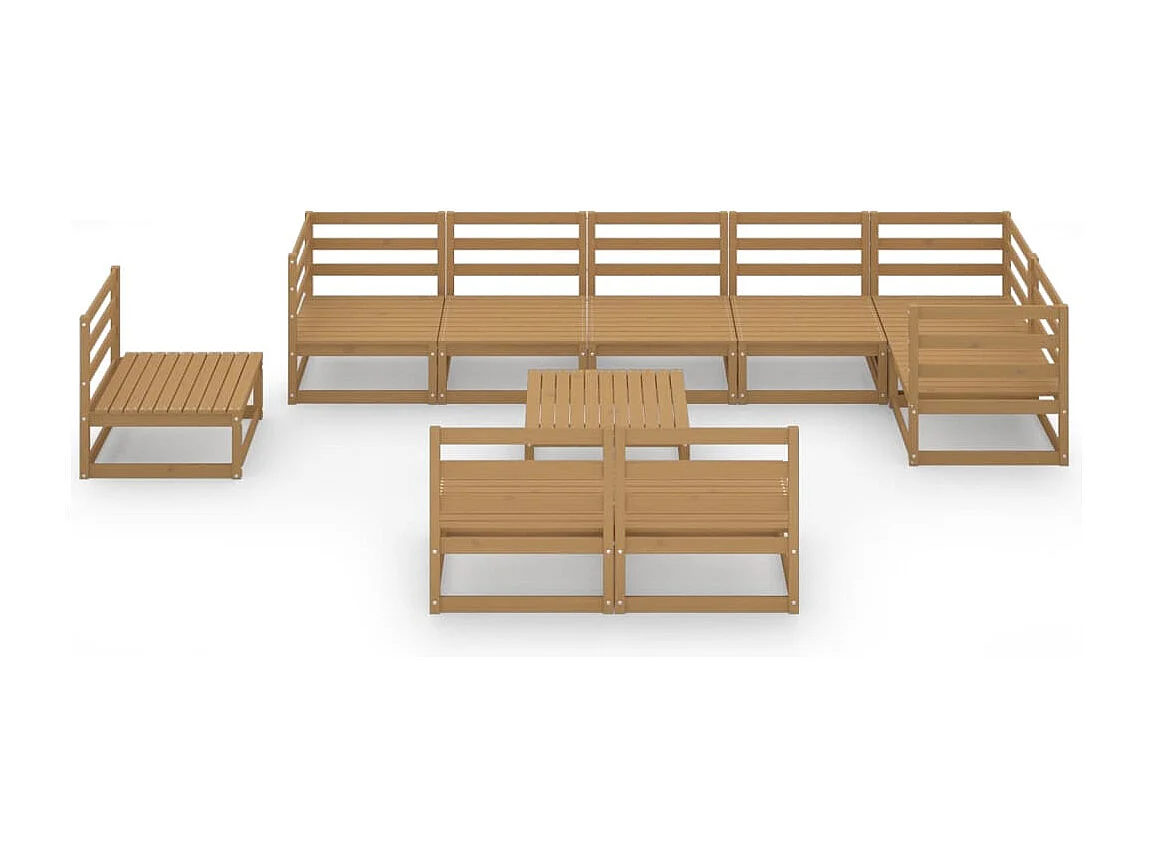 Salon de jardin 10 pièces marron miel bois de pin massif