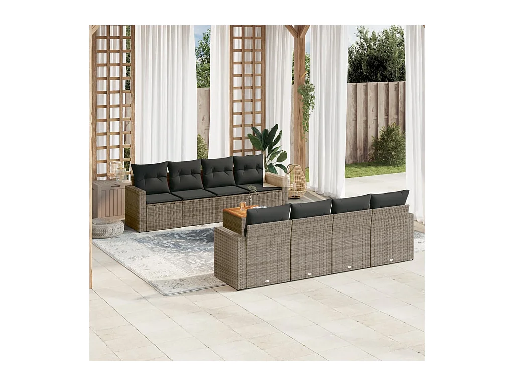 Salon de jardin 9 pièces avec coussins gris résine tressée
