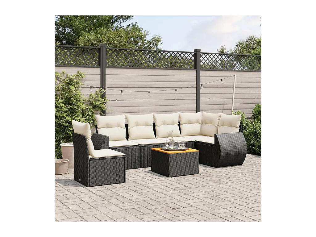 Salon de jardin 7 pièces avec coussins noir résine tressée