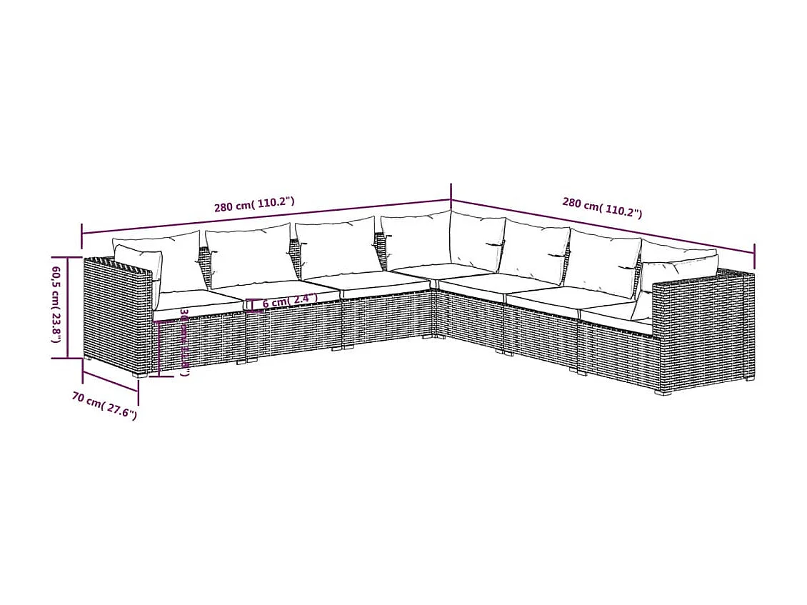 Salon de jardin 7 pièces avec coussins Résine tressée Marron