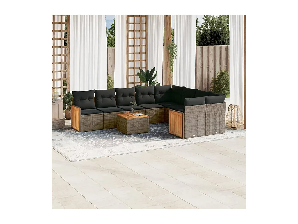 Salon de jardin avec coussins 10 pièces gris résine tressée