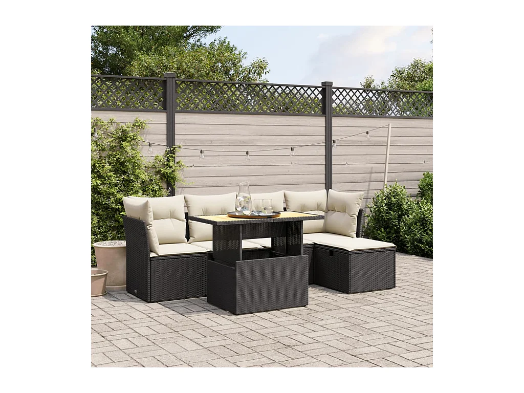 Salon de jardin 6 pièces avec coussins noir résine tressée