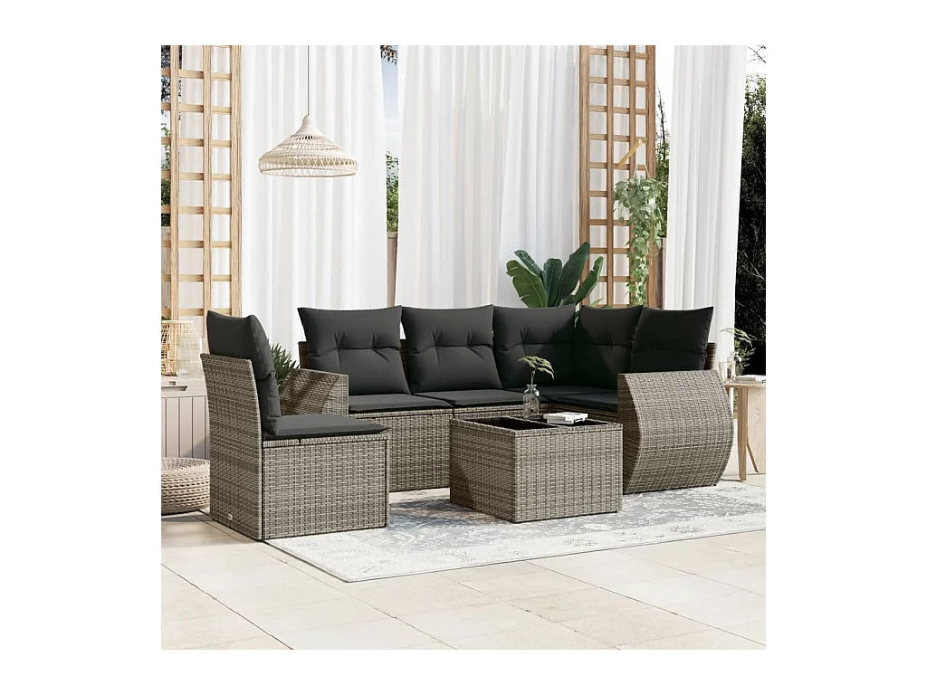 6-delige Loungeset met kussens poly rattan grijs