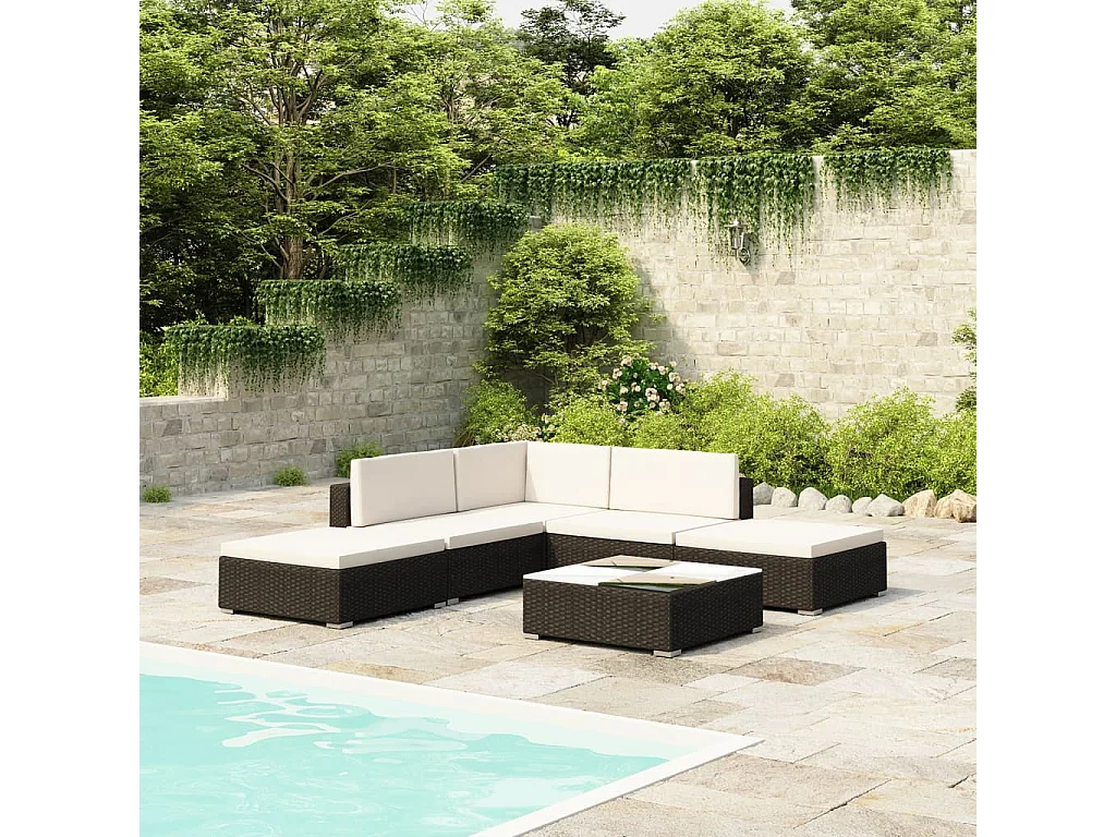 Salon de jardin avec coussins 6 pièces résine tressée noir