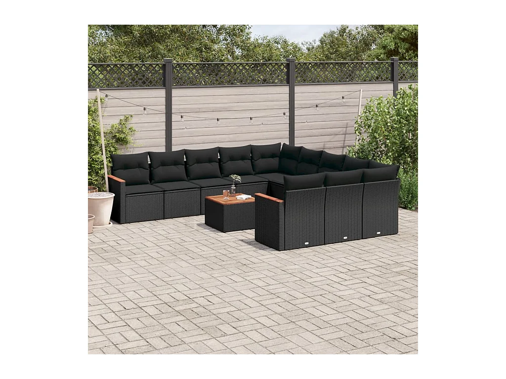 Salon de jardin 12 pièces avec coussins noir résine tressée