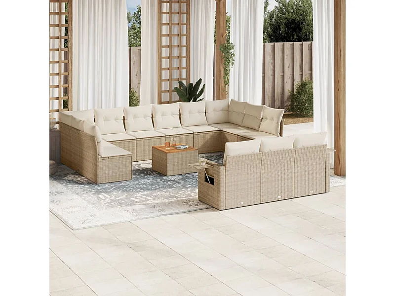 Salon de jardin avec coussins 14 pièces beige résine tressée