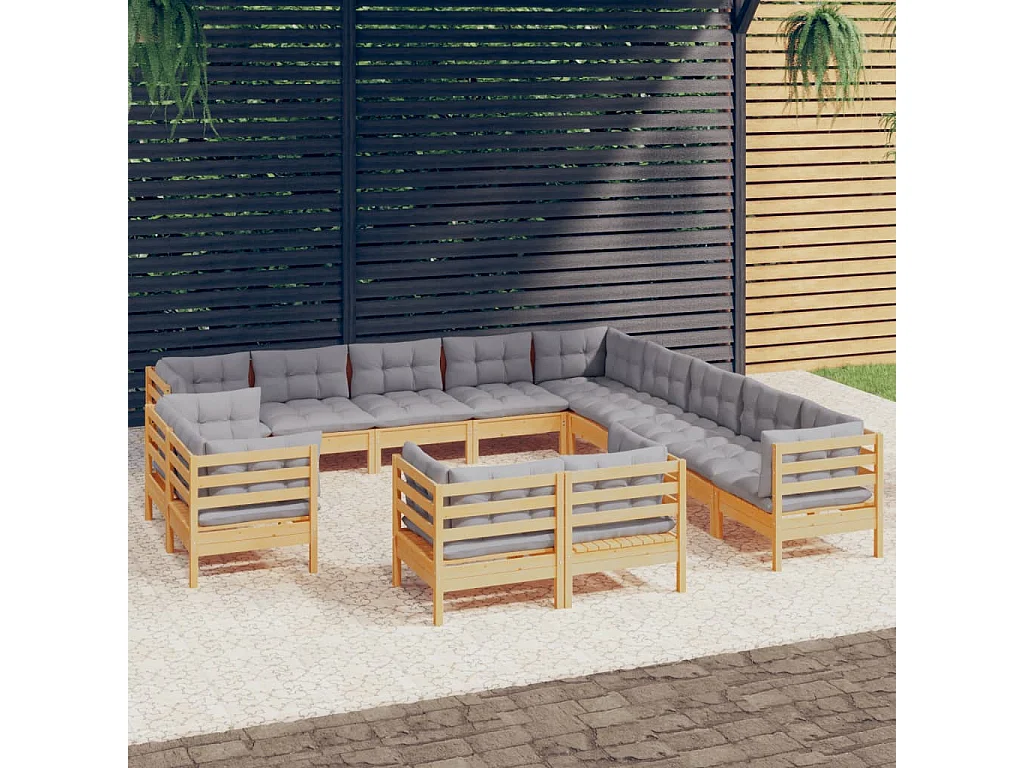 13peças conjunto lounge de jardim + almofadões cinza pinho maciço