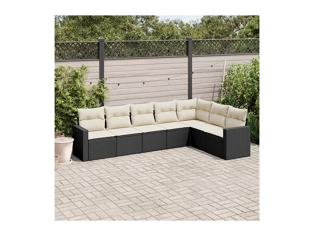 7-delige Loungeset met kussens poly rattan zwart